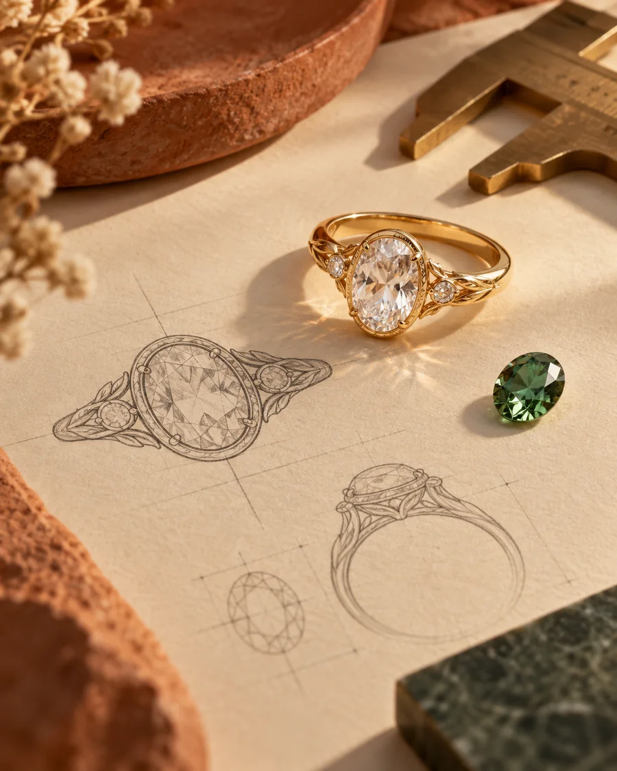 Illustrative jewelry design workspace with sketches and gemstone design details.