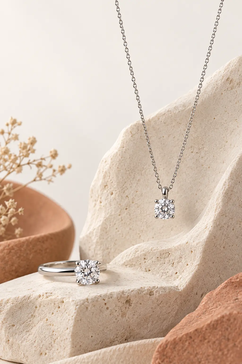 White-metal solitaire pendant and ring concept on sculpted ivory stone.