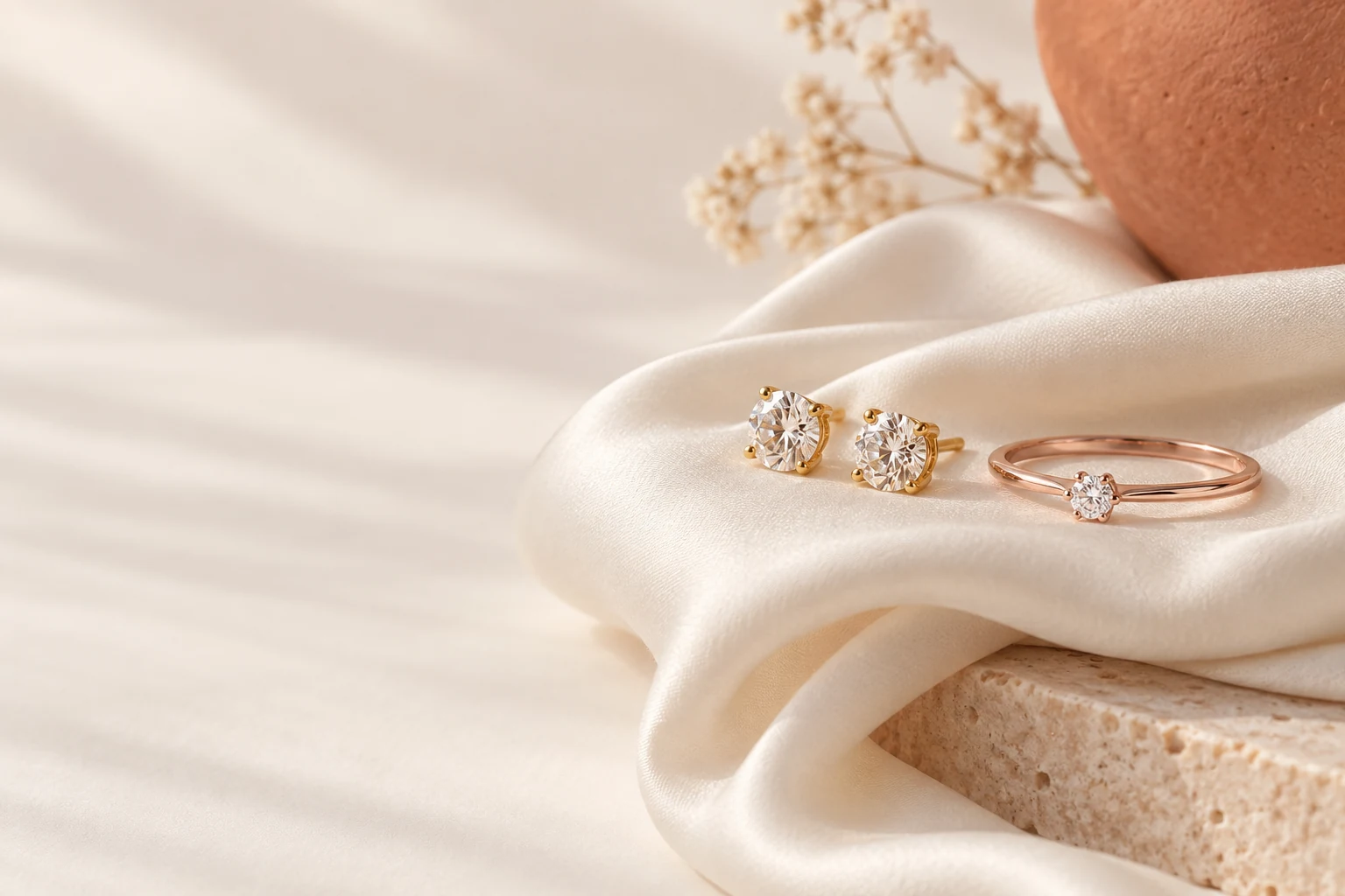 Stud earrings and a delicate ring concept on ivory silk.