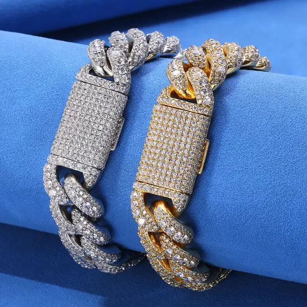 15mm Three Row Silver Moissanite Cuban Bracelet, product design view 3.