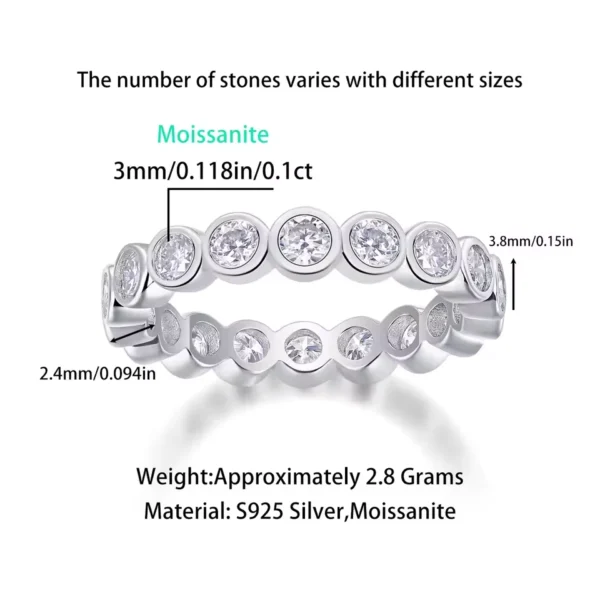 925 silver moissanite eternity ring, dimensions view