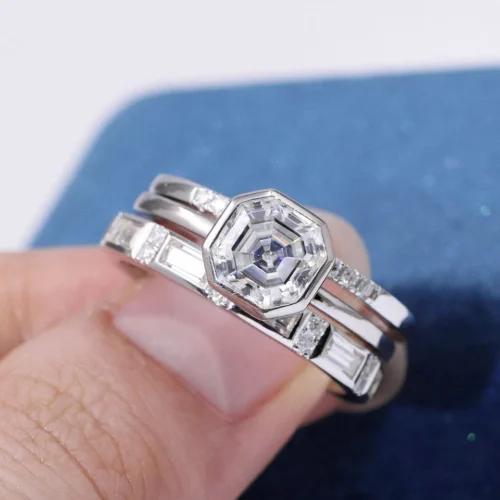 Asscher Moissanite Bezel-Set Ring shown in the product photograph.
