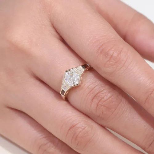 Asscher Moissanite Bezel-Set Ring in Gold shown in the product photograph.