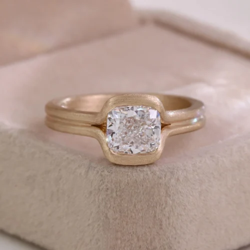 Cushion Lab-Grown Diamond Bezel-Set Ring in 14K Solid Gold shown in the product photograph.