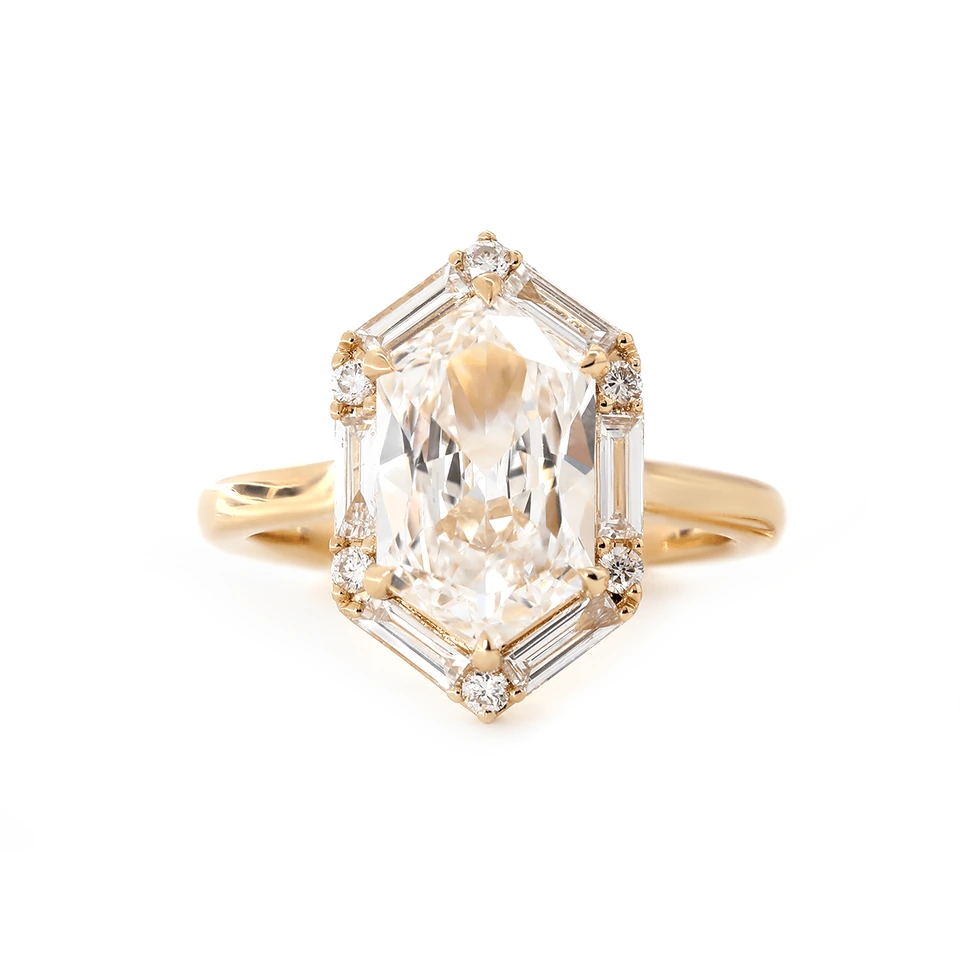 Product photograph showing the hexagonal solitaire ring.