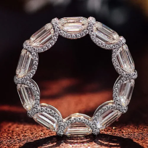 Emerald-Cut Moissanite Halo Eternity Ring - View 1 Emerald-Cut Moissanite Halo Eternity Ring, product view 1.