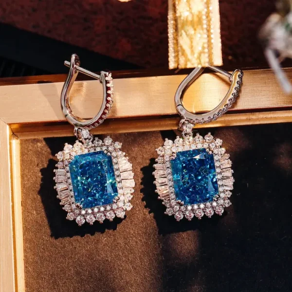 Blue Rectangular Halo Drop Earrings — product view 2
