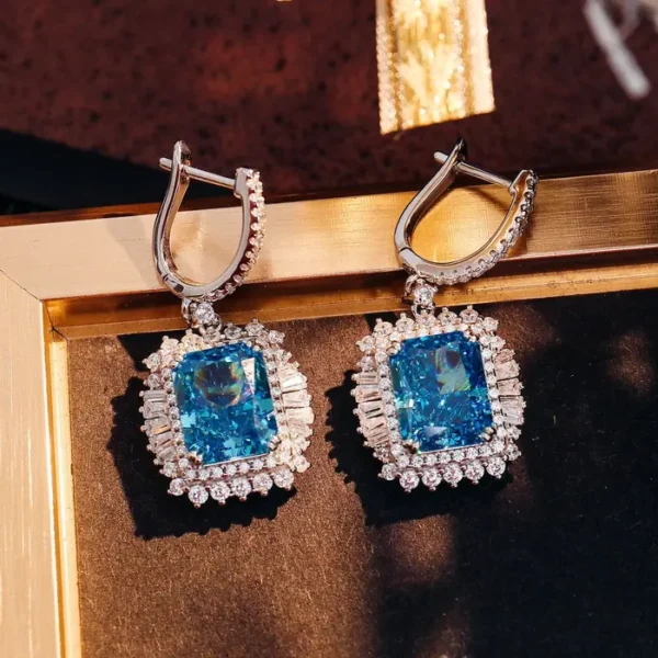 Blue Rectangular Halo Drop Earrings — product view 5