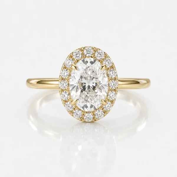 Oval Lab-Grown Diamond Halo Ring in 14K Solid Gold shown in the product photograph.