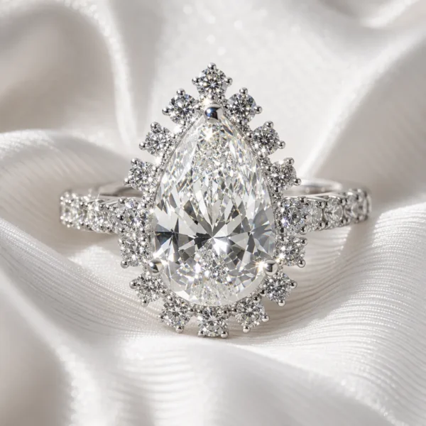 Pear Lab-Grown Diamond Halo Ring in 18K Solid Gold shown in the product photograph.