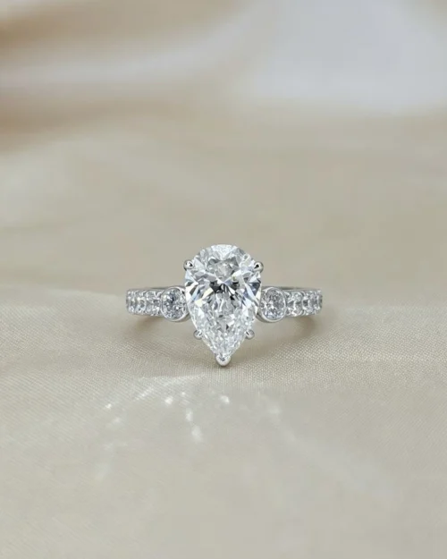 Pear Moissanite Ring in 925 Sterling Silver - Product View Pear Moissanite Ring in 925 Sterling Silver shown in the product photograph.