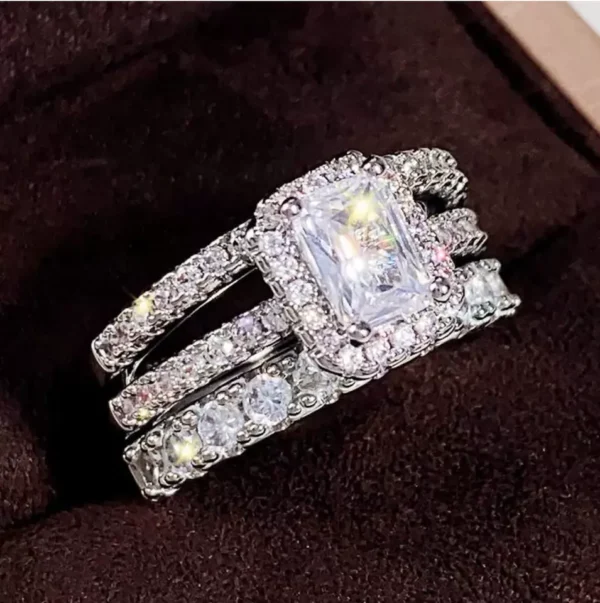 Jewelry design reference showing the ring setting and band. Radiant Moissanite Bridal Ring Set.