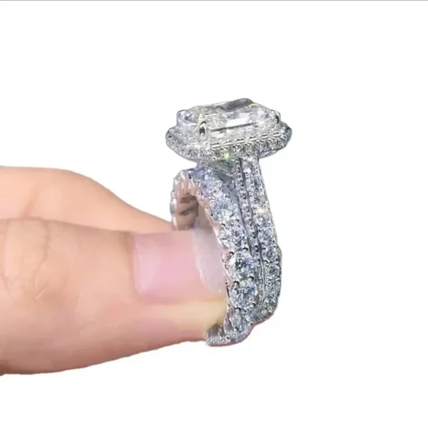 Jewelry design reference showing the ring setting and band. Radiant Moissanite Bridal Ring Set.