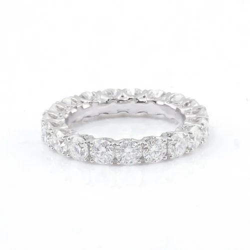Round Moissanite Eternity Ring in 925 Sterling Silver - Product View Round Moissanite Eternity Ring in 925 Sterling Silver shown in the product photograph.