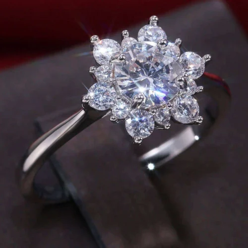 Round Moissanite Floral Ring in 14K Solid Gold - Product View Round Moissanite Floral Ring in 14K Solid Gold shown in the product photograph.