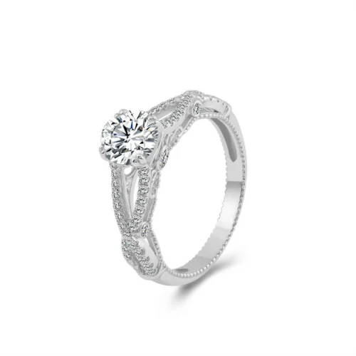 Round Moissanite Floral Ring in Gold - Product View Round Moissanite Floral Ring in Gold shown in the product photograph.