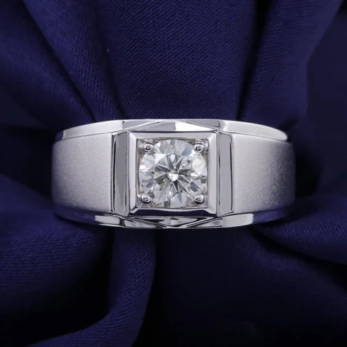 Round Moissanite Signet Ring in White Gold, product view 1.